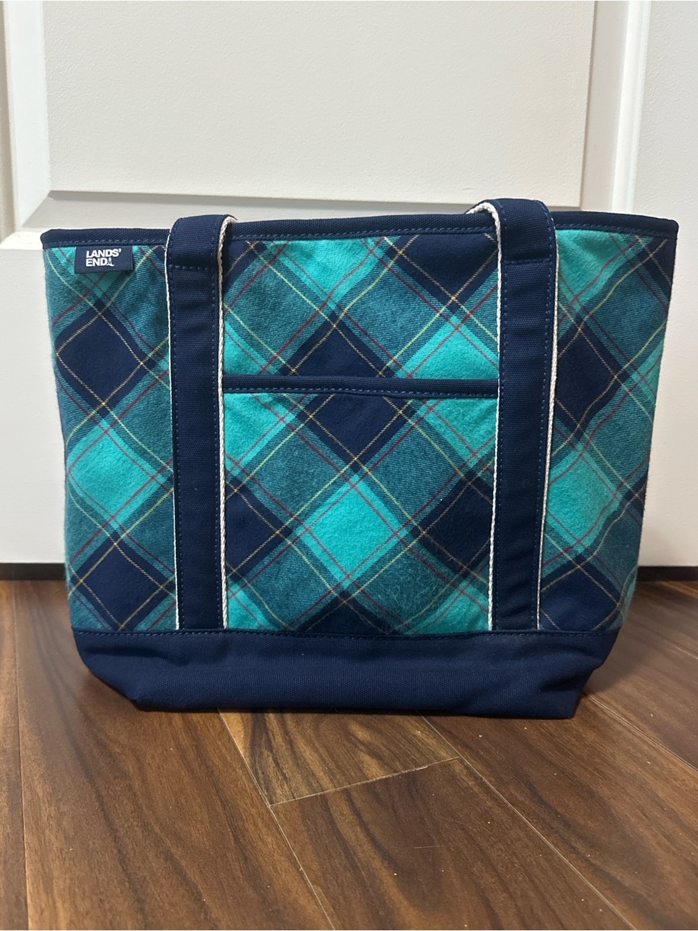 Lands' End Teal and Navy Plaid Canvas Tote